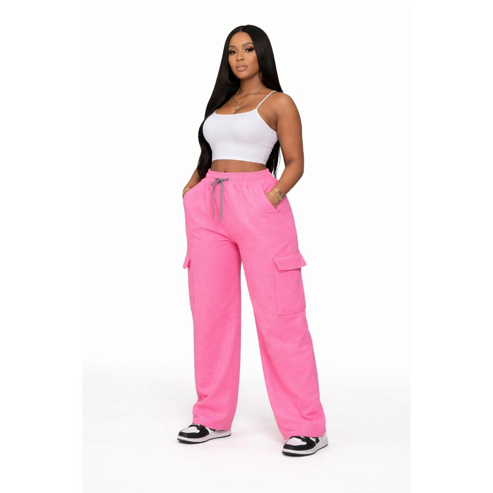 Pink Textured Cargo Pants Drawstring Waist Casual Trousers